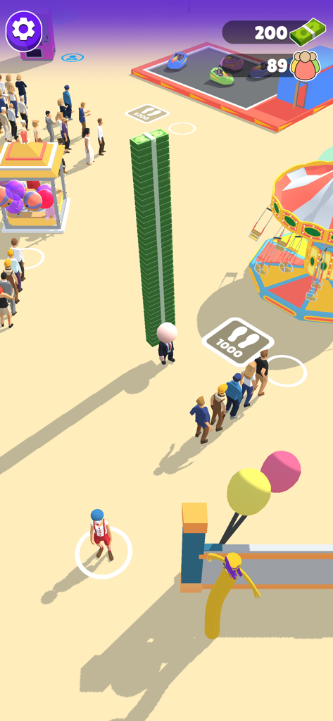 Bus Arrival 3D - A 3D gameplay scene from Bus Arrival 3D featuring a character standing next to a massive stack of money in a colorful amusement park with a carousel and bumper cars