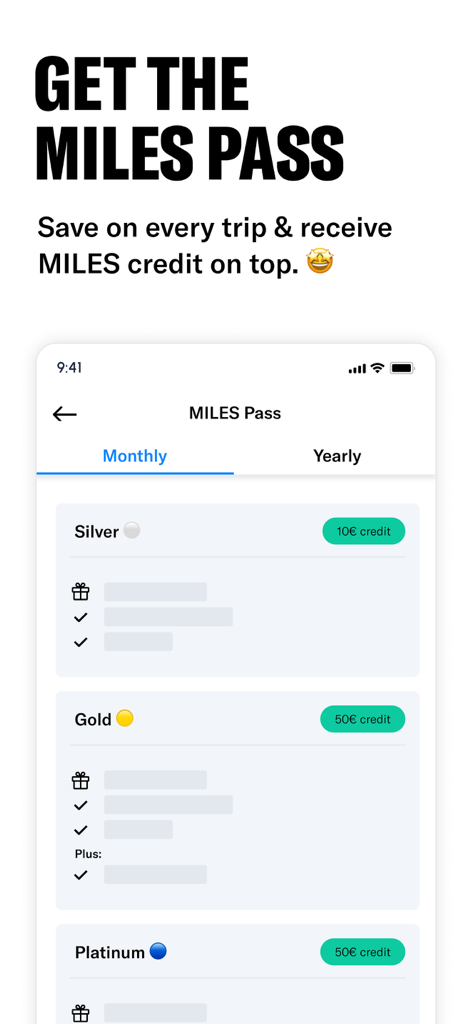 MILES 패스 구독 화면, 실버, 골드, 플래티넘 회원 등급과 크레딧 보상 표시