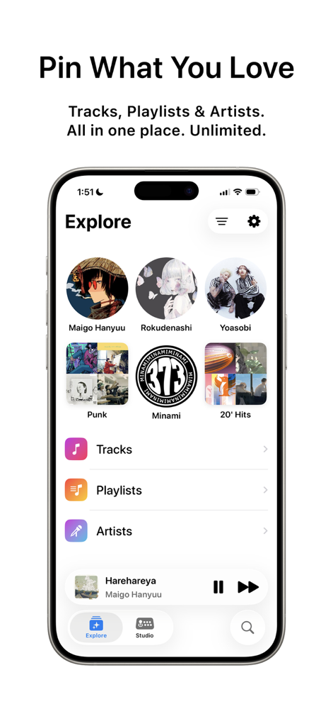 Tuneo: Offline Music Player - Tela de exploração do aplicativo reprodutor de música Tuneo mostrando faixas fixadas, artistas e playlists em uma interface limpa e moderna