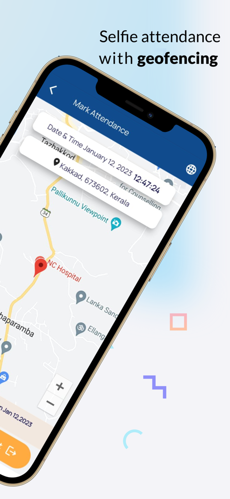 DOTS GO+ - Smartphone displaying the DOTS GO+ app screen for mark attendance with a map and geofencing details.