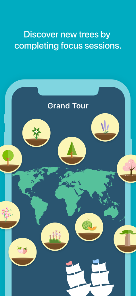Flora app screen showing the Grand Tour world map where users unlock different plants by completing focus sessions.