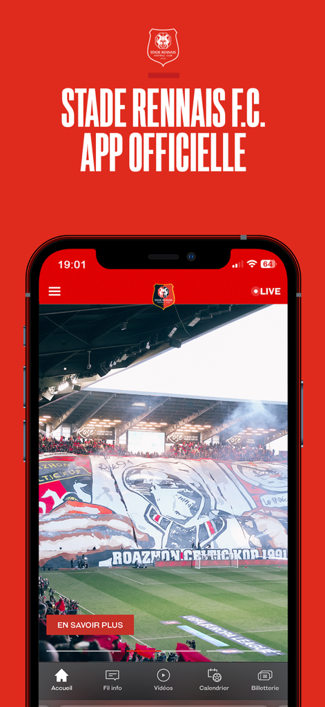 スタッド・レンヌFC公式モバイルアプリのウェルカムスクリーン、スタジアムのファンバナーが特徴