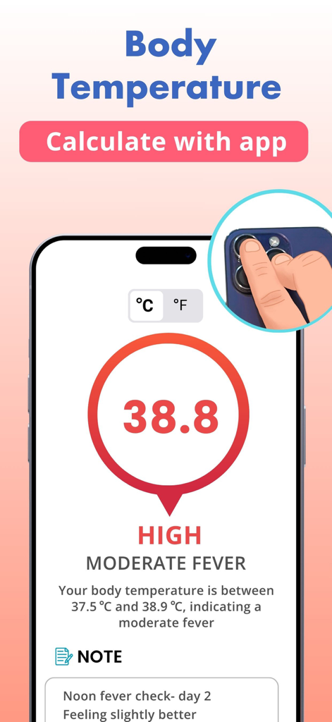 Thermometer: Body Temperature - Interface of a thermometer app on a smartphone displaying a body temperature reading of 38.8 Celsius indicating a moderate fever