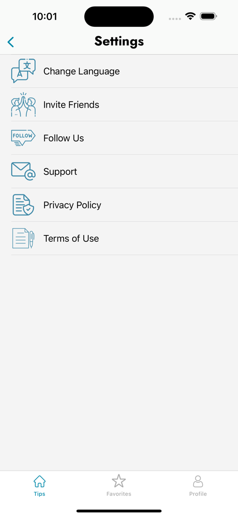 Betting Tips Pro - Settings menu of the Betting Tips Pro app showing language support and legal options