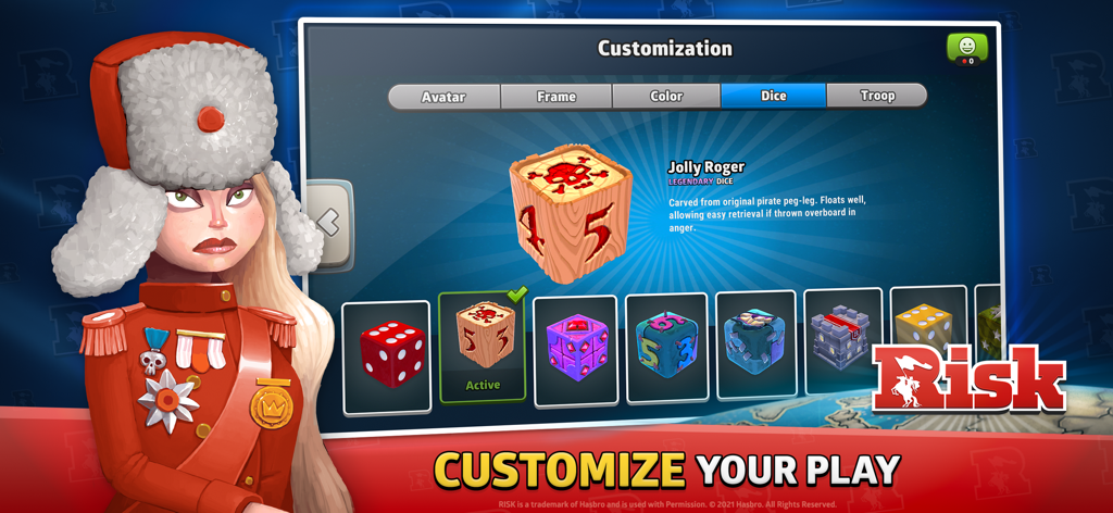 Menú de personalización de dados en RISK: Dominación Global con el legendario aspecto Jolly Roger