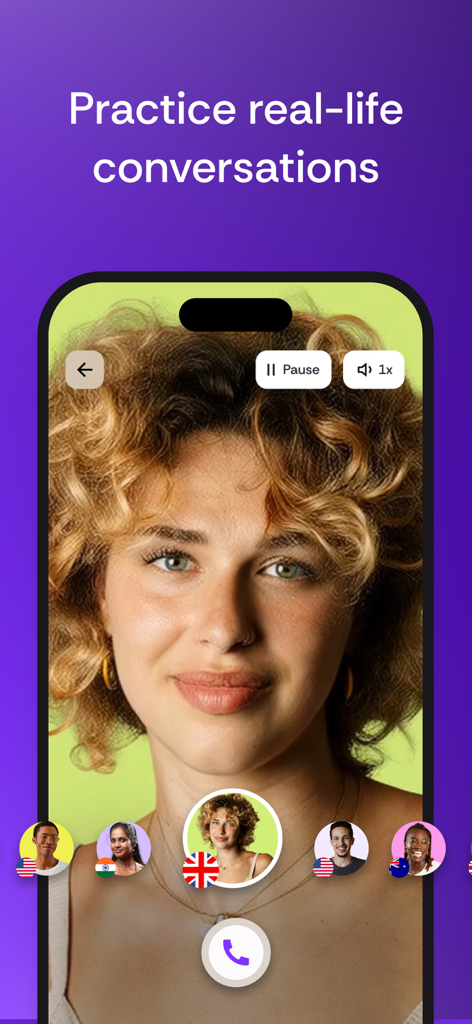 BeConfident: learn English - Interface de l'application BeConfident pour pratiquer des conversations en anglais de la vie réelle avec différents profils d'enseignants