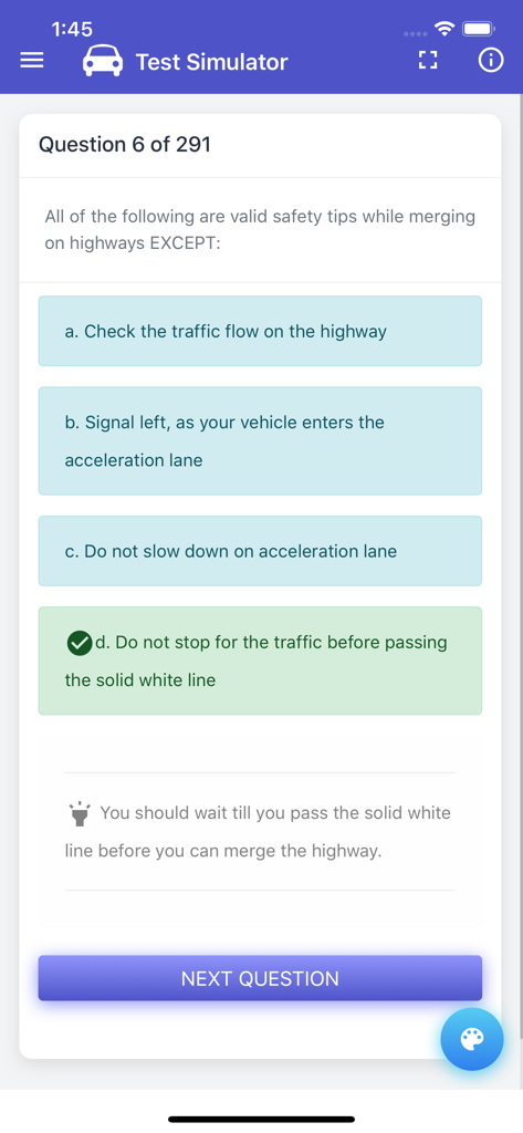 Quebec Class 5 Driving Test - Une question à choix multiples sur la fusion sur autoroute dans l'interface de l'application de simulation Quebec Class 5 Driving Test.