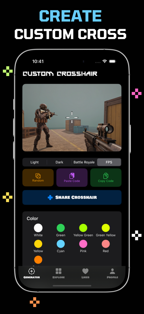 Custom crosshair generator with color selection and FPS game preview