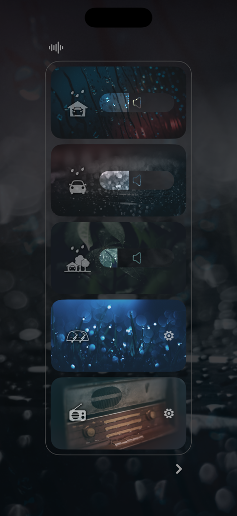 Somewhere - Rain Sound ASMR - Pantalla de la aplicación Somewhere con una lista de paisajes sonoros ambientales como lluvia y radio vintage con deslizadores de control de volumen individuales.