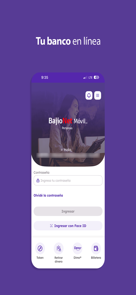 Bajionet Movil - Login screen of the Bajionet Movil app featuring password entry and Face ID options
