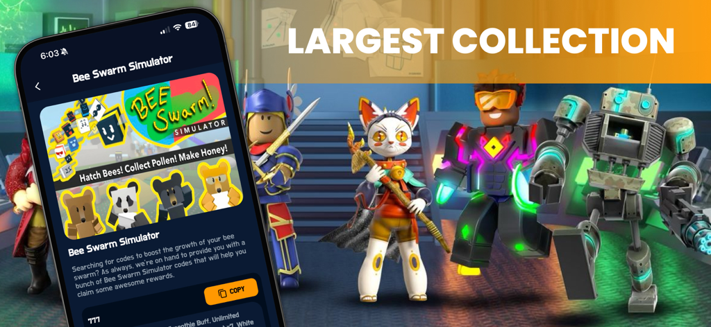App interface showing Roblox promo codes for Bee Swarm Simulator and various game characters