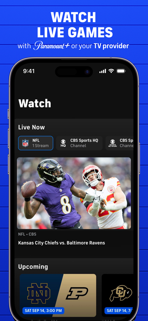 A mobile interface of the CBS Sports app showing options to watch live NFL games and upcoming college football matchups via Paramount plus or a TV provider.