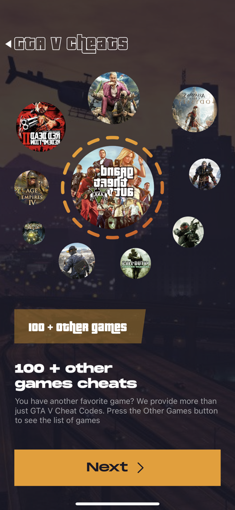 Interface of the GTA 5 cheats app showing support for over 100 other popular video games