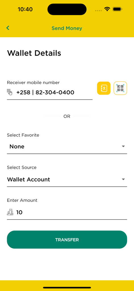 mkesh - Interface of the mkesh app showing the send money screen with receiver phone number and transfer amount fields