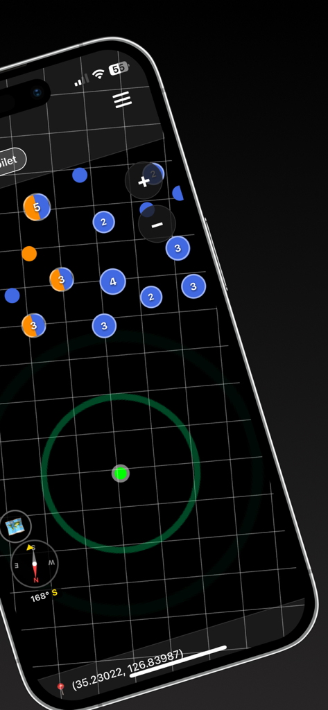 Captura de pantalla del modo radar de la aplicación FreeMap que muestra ubicaciones de WiFi y baños cercanos en un mapa de cuadrícula oscuro en Corea del Sur