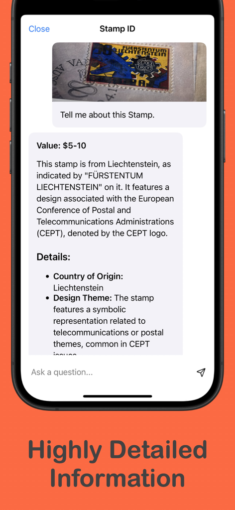 Stamp ID - Identify & Value - Resultado detallado de identificación y valoración de un sello de Liechtenstein en la aplicación Stamp ID