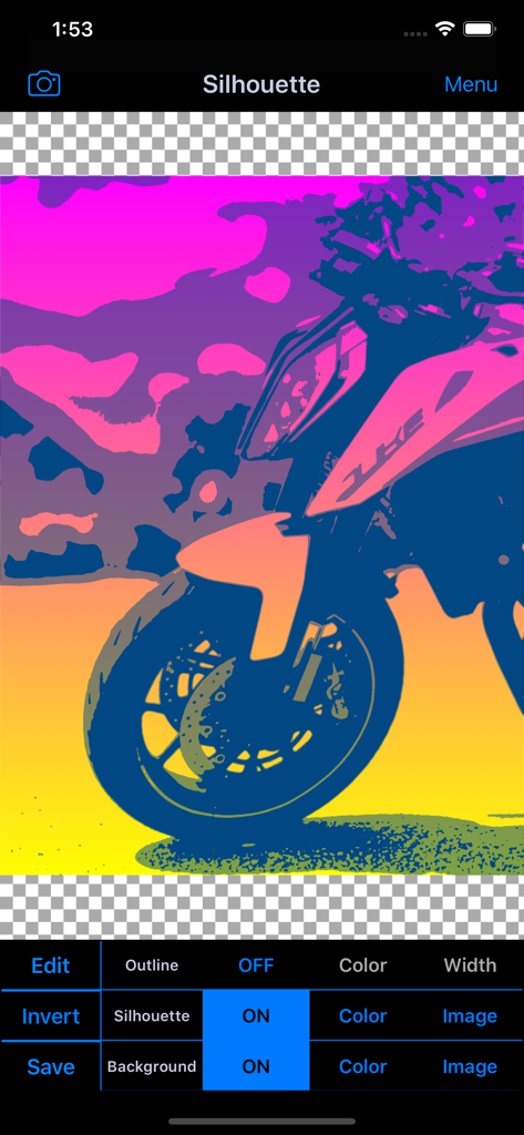 Silhouette - Image Maker App - A interface do aplicativo Silhouette exibindo uma edição colorida em silhueta de uma motocicleta