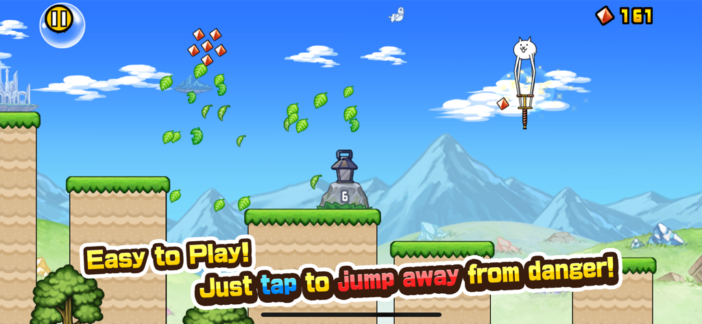 Un héroe gato blanco en un palo de pogo saltando sobre plataformas en un juego de aventura de desplazamiento lateral.