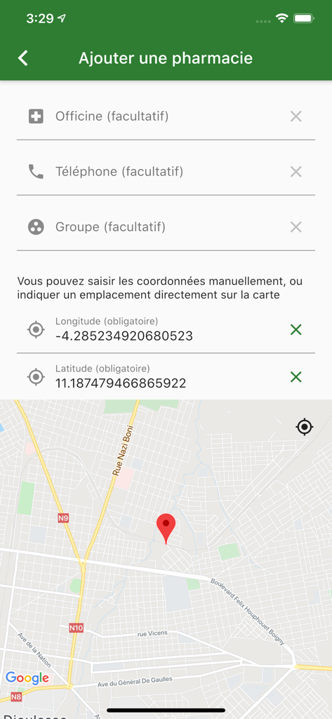 Interface for adding a new pharmacy location on a map within the Faso Sante mobile application