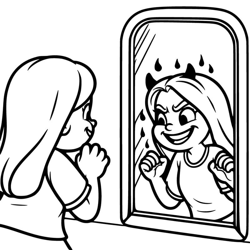 a nice girl looks into a mirror but sees an evil reflection of herself