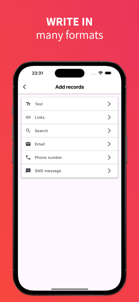 NFC Tools • - NFCタグにテキスト、リンク、メール、電話番号を書き込むオプションを表示するNFC Toolsアプリ画面