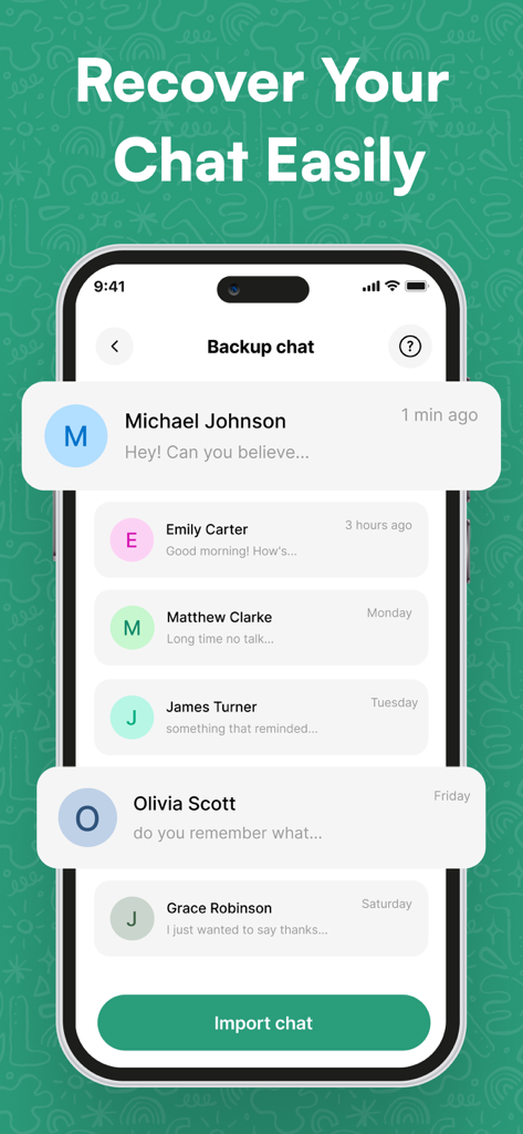 Whats Web Dual Messenger App - Interface showing chat recovery options with a list of contacts in the messenger app.