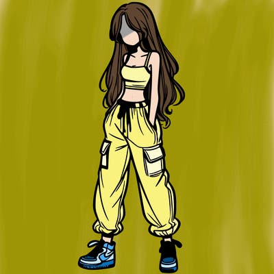 girl in baggy pants crop top and long hair