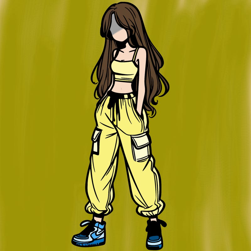 girl in baggy pants crop top and long hair