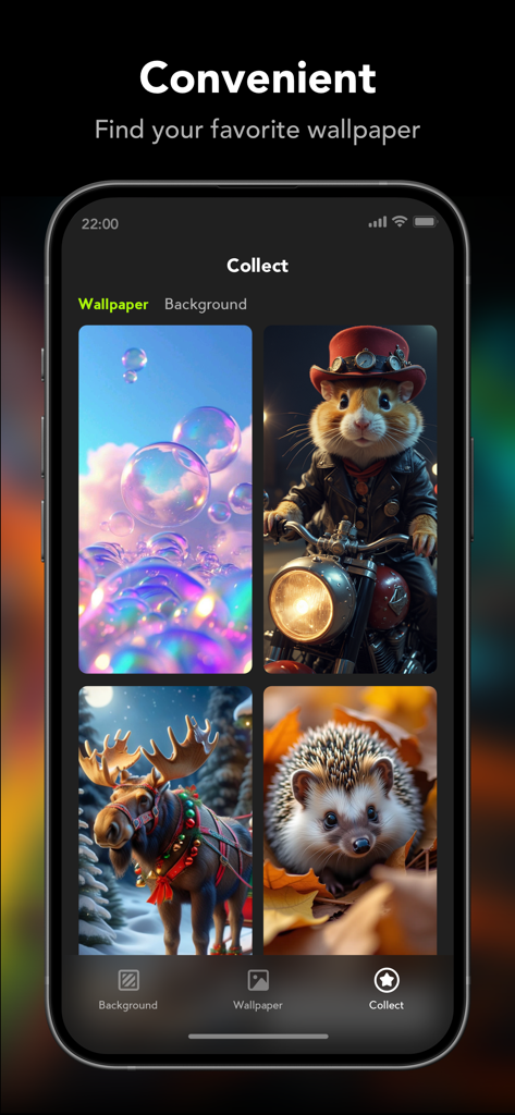 Tela de smartphone exibindo uma coleção de papéis de parede HD coloridos no aplicativo Lumi
