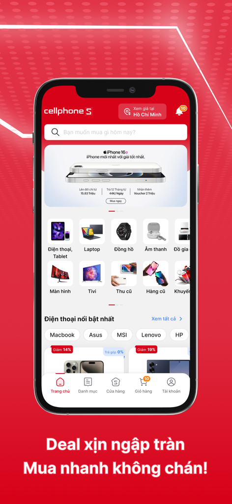 Tela inicial do aplicativo móvel CellphoneS mostrando categorias de compras de eletrônicos e promoções.