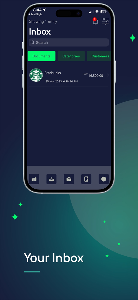 Mobile app interface of Veryfi Receipts OCR showing an expense inbox with a processed Starbucks receipt entry