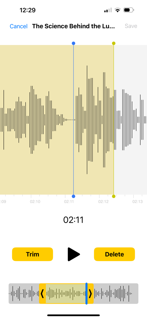 Audio editing interface showing waveform trimming in the Voice Recorder app