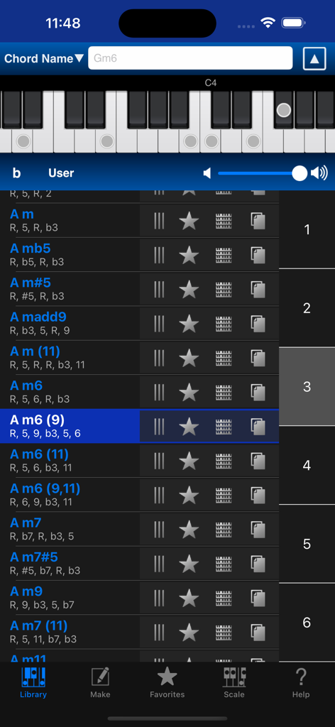 Piano Kit - Piano Chords - Interface of Piano Kit app showing a list of piano chords and a virtual keyboard