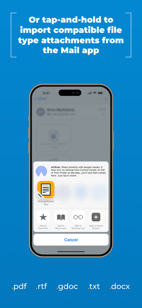 PromptSmart Pro - Teleprompter - A smartphone showing how to import script files from the Mail app into PromptSmart Pro.