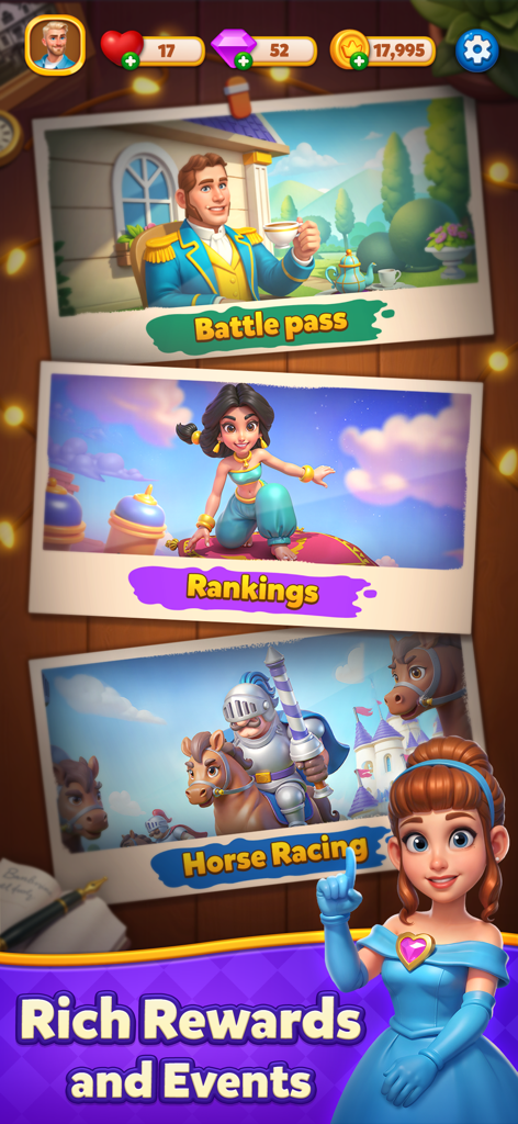 Merge Tile: Match & Merge - Merge Tile match and merge game screen showing battle pass rankings and horse racing events with rich rewards