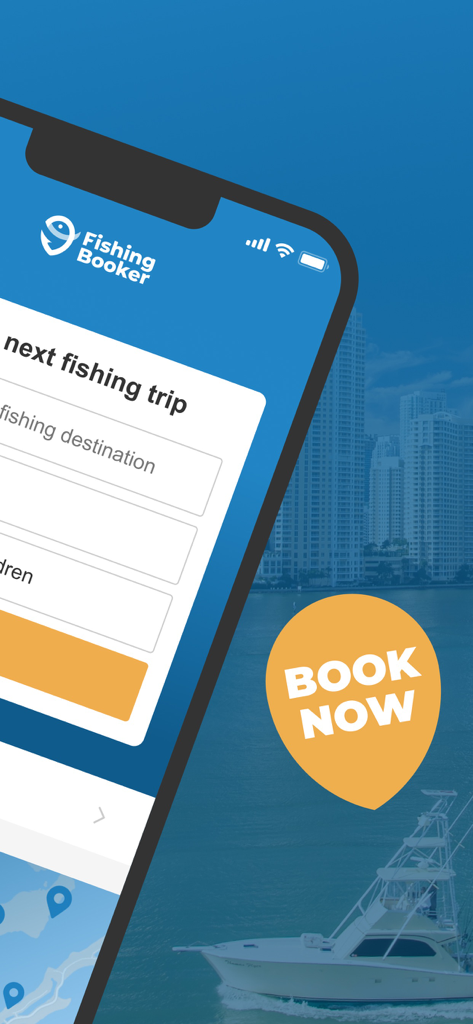 Tela do aplicativo FishingBooker para pesquisar e reservar charters de pesca