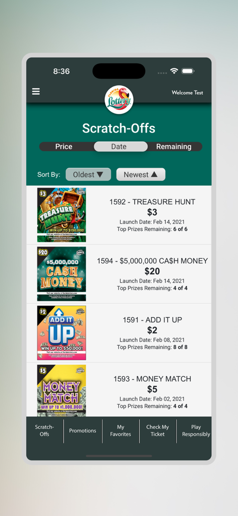 The Florida Lottery app screen showing a list of scratch-off games with prices and the number of top prizes remaining.