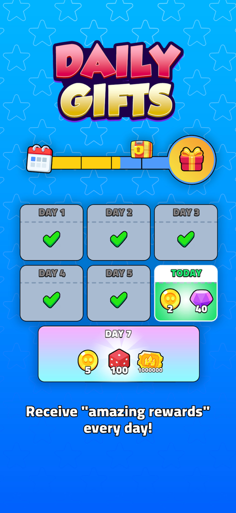 Sticker Trade - The Daily Gifts screen of the Sticker Trade app showing a 7-day reward streak with coins, gems, and dice.