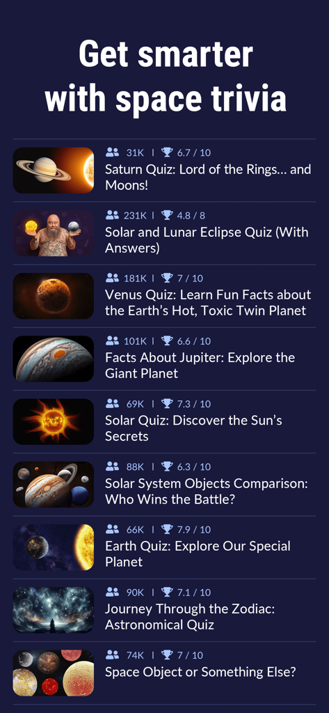 Star Walk 2 Pro: Sky Map Live - A menu of educational space trivia and astronomy quizzes in the Star Walk 2 Pro app