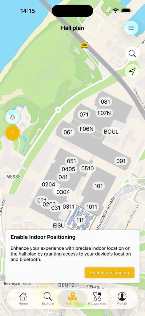 h+h cologne - Um mapa interativo do plano do salão dentro do aplicativo h+h cologne mostrando os layouts do edifício da feira e uma solicitação de posicionamento interno.