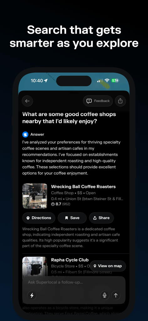 Interface de l'application Superlocal montrant des recommandations personnalisées de cafés par IA basées sur la recherche de l'utilisateur.