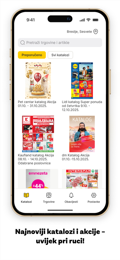 Interfaz de la aplicación Njuskalo Katalozi mostrando catálogos de compras digitales y ofertas minoristas