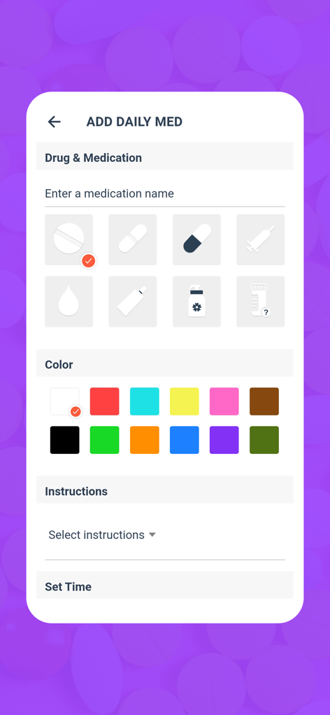 Pill Identifier and Drug Info - Interface for adding daily medication with pill shape and color selection options