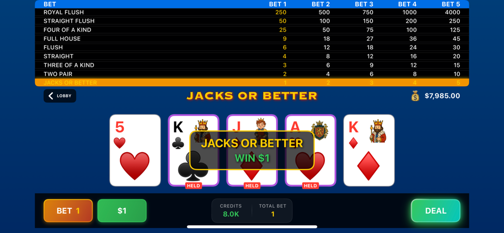 Pantalla de juego de Jacks or Better video poker mostrando una mano ganadora y la tabla de pagos