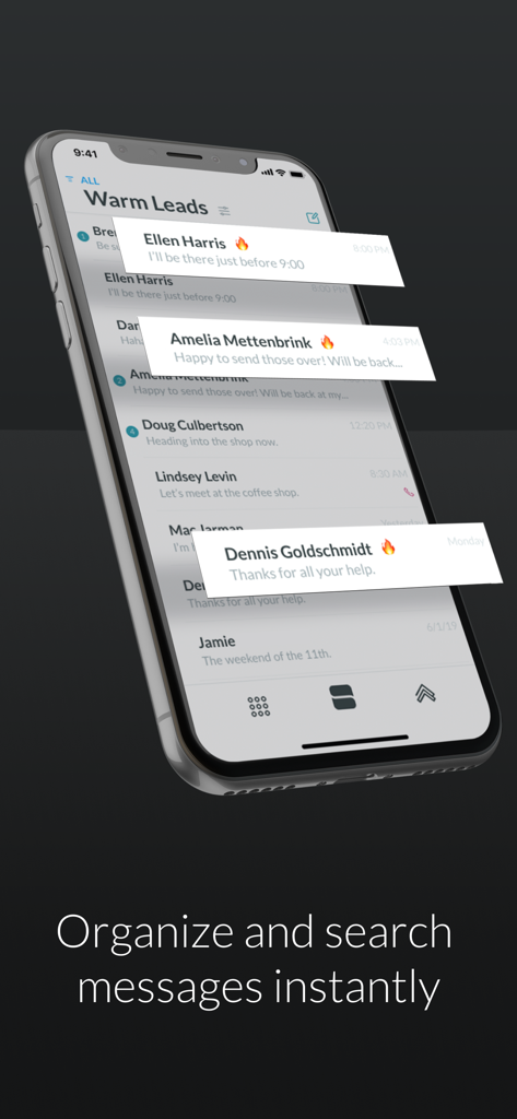 String — Modern Phone Inbox - Smartphone screen showing the String app inbox with categorized warm leads and messages