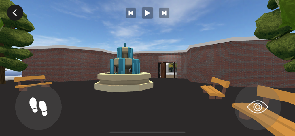 Artsteps - Une cour virtuelle 3D avec une fontaine à étages et des bancs dans l'application mobile Artsteps
