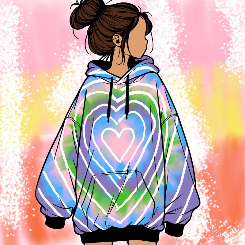 realistic girl with a oversized sweatshirt on and a bun