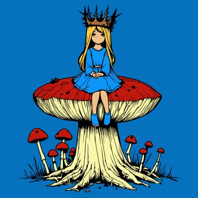 realistic girl sitting on a huge tree stump size toadstool with thorn crown