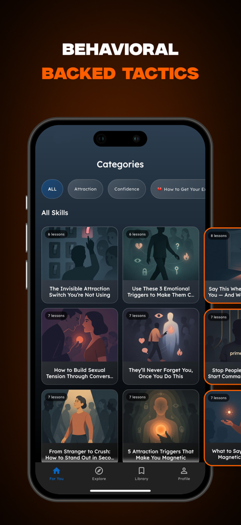 PrimeSelf: Love Psychology - PrimeSelf App-Oberfläche zeigt ein Raster von Psychologie-Lektionen für Anziehung und Beziehungsfähigkeiten
