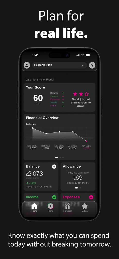 Plans.TheApp: Finance Forecast - Interface of Plans.TheApp showing a financial overview with balance trends and daily spending allowance